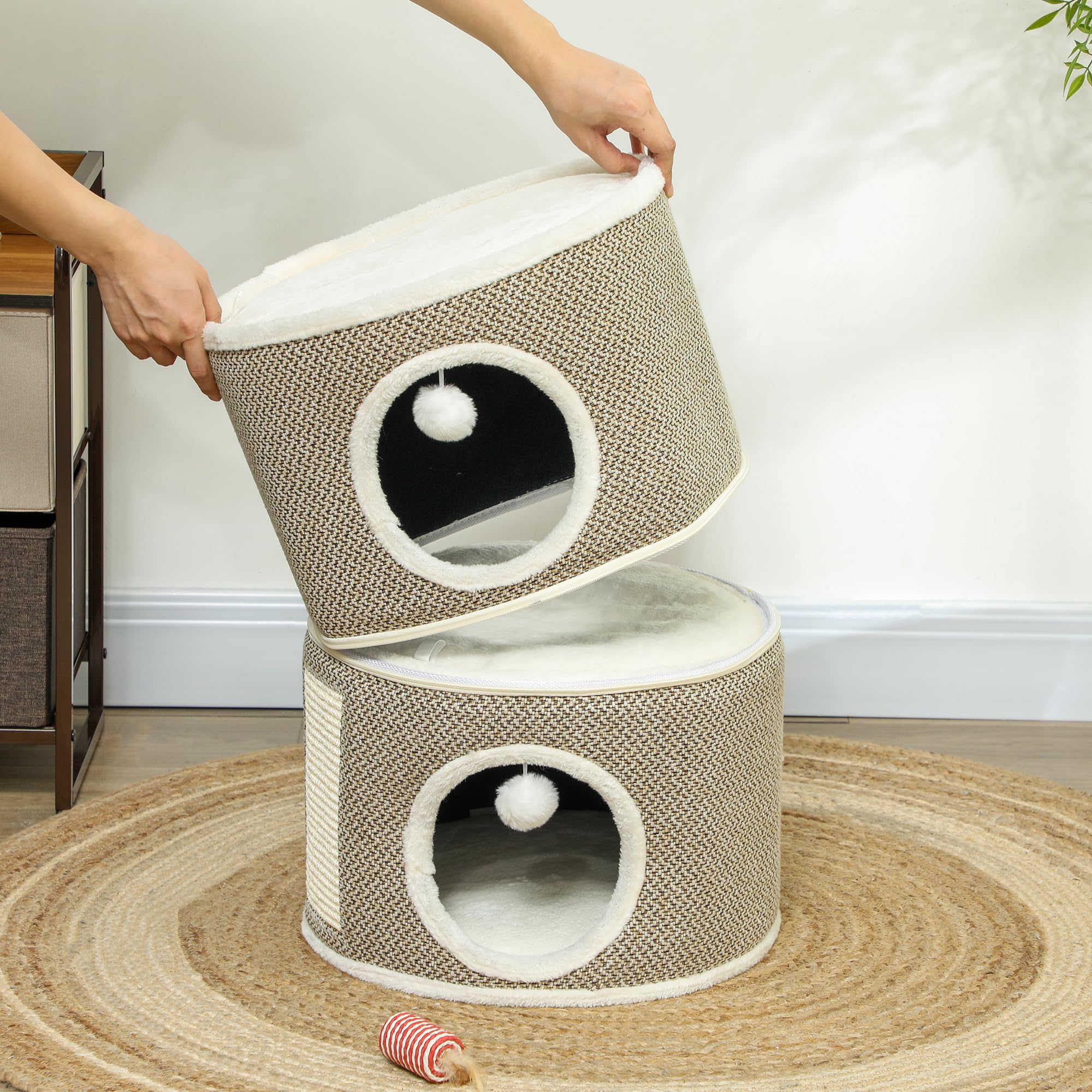 PawHut Tonneau à chat en sisal de 56 cm de haut avec grotte, arbre à chat, tour de chat, pour chat jusqu'à 5 kg, café