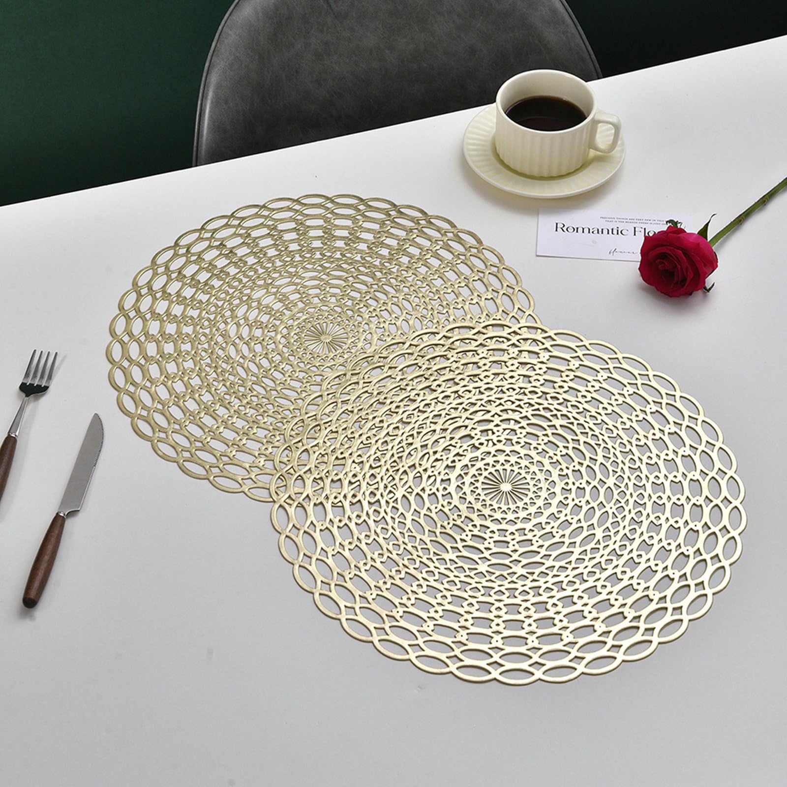 Juego de 6 manteles individuales redondos de PVC, resistentes al calor, antideslizantes, lavables, con diseño de flores, dorados, para fiestas, bodas, restaurantes, 40 cm