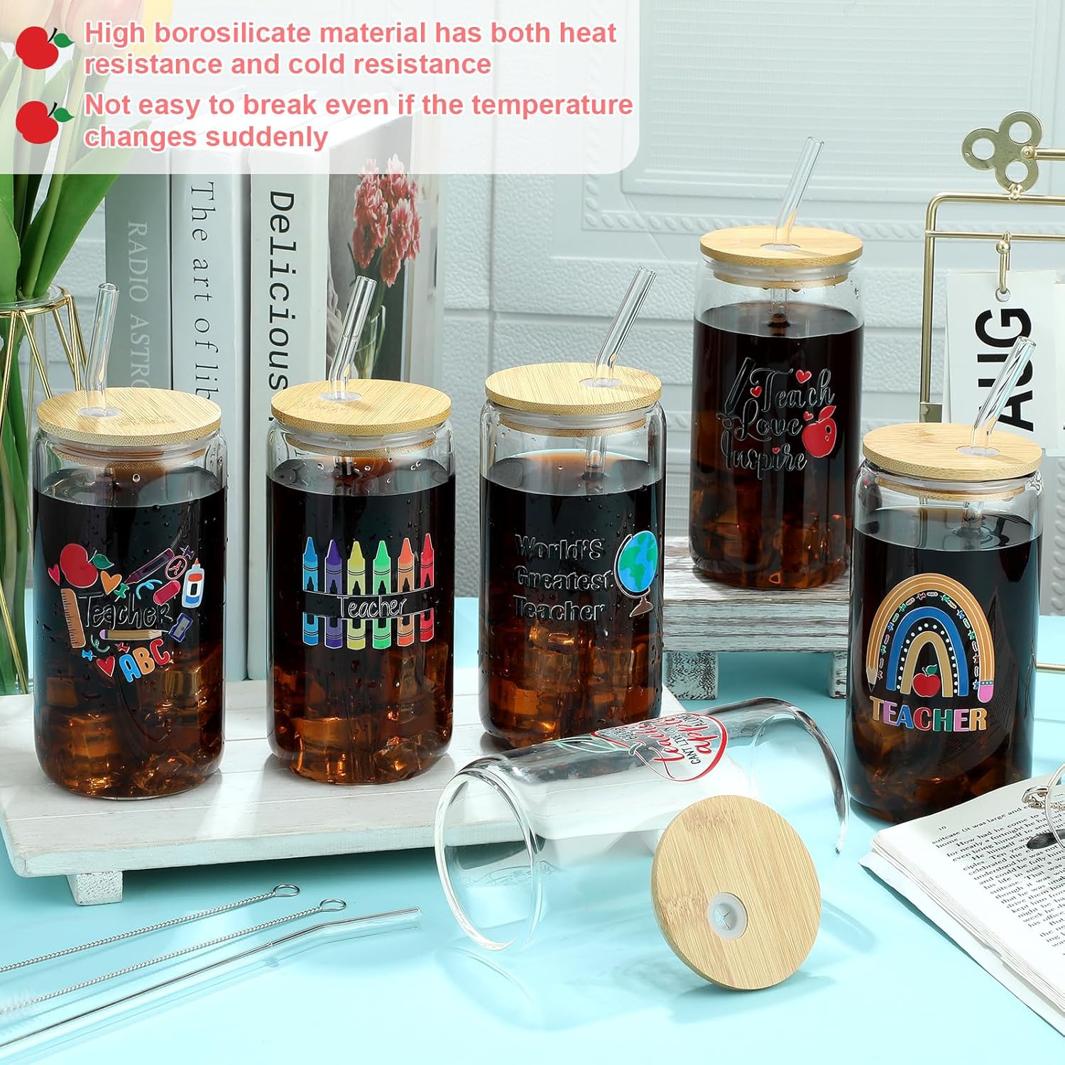 Maxcheck 6 Sets Teacher Appreciation Gifts for Women Men 16 oz Glass Coffee Cups with Lid and Straw Cleaning Brush Thank You End of Year Gifts for Teachers from Students - Image 7