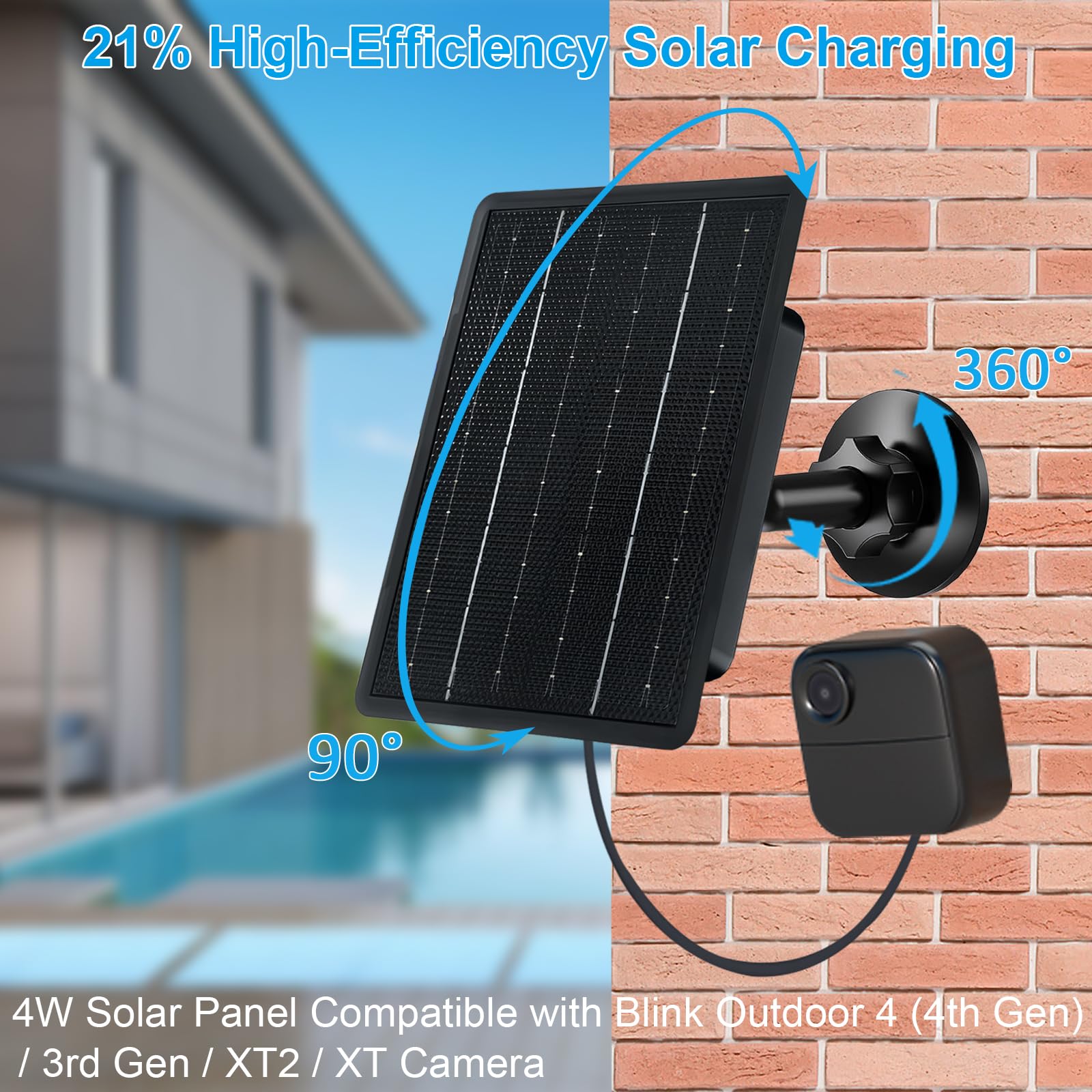 Caricatore a pannello solare da 4 W per fotocamera Blink Outdoor 4/3/XT2/XT, caricabatterie solare ad alta efficienza con adattatore USB-C e micro USB, impermeabile IP66, supporto regolabile a