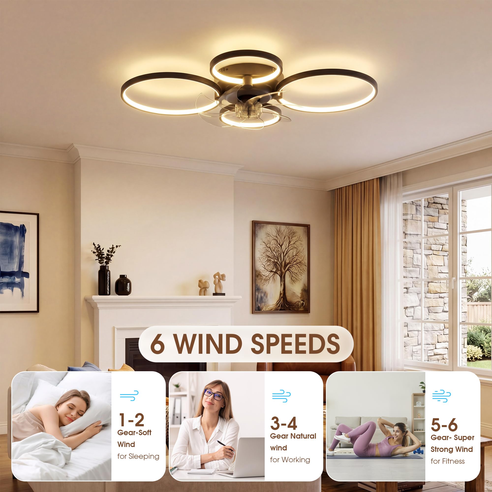 NIORSUN 78CM Deckenleuchte mit Ventilator, LED, dimmbar, Fernbedienung, App, 6-Gang, Timer, Schwarz