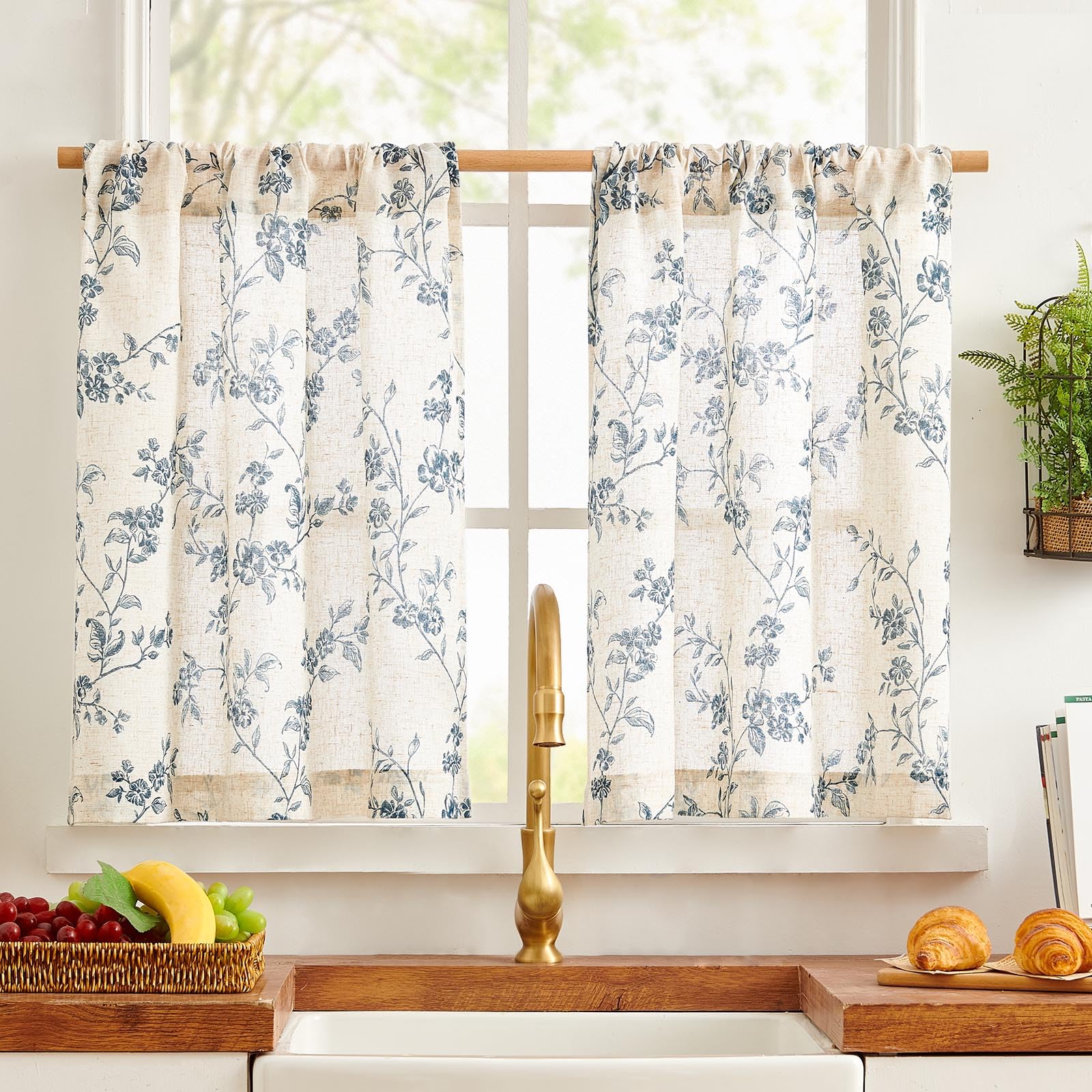 TOPICK Floral Linen Blend Kitchen Curtains 24 Inch Drop Short Cafe Curtains Light Filtering Small Window Curtain Tiers for Bathroom Living Room RV Rod Pocket 2 Panels Blue