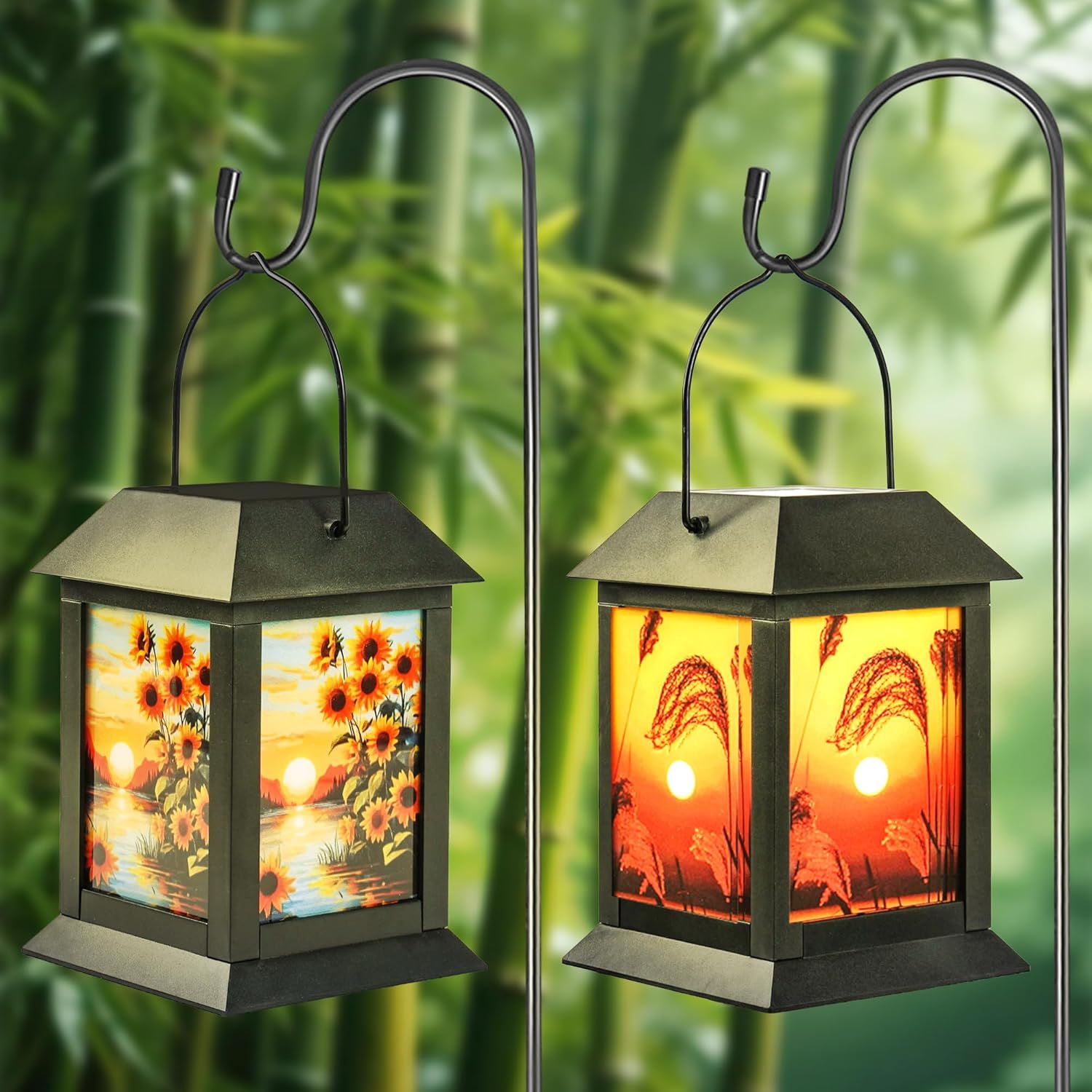 Outdoor Waterproof Solar Garden Lanterns, 2 Pack Sunflower LED Solar Lights Hanging for Patio Yard Pathway, Dusk to Dawn Solar Powered Decorative Lanterns