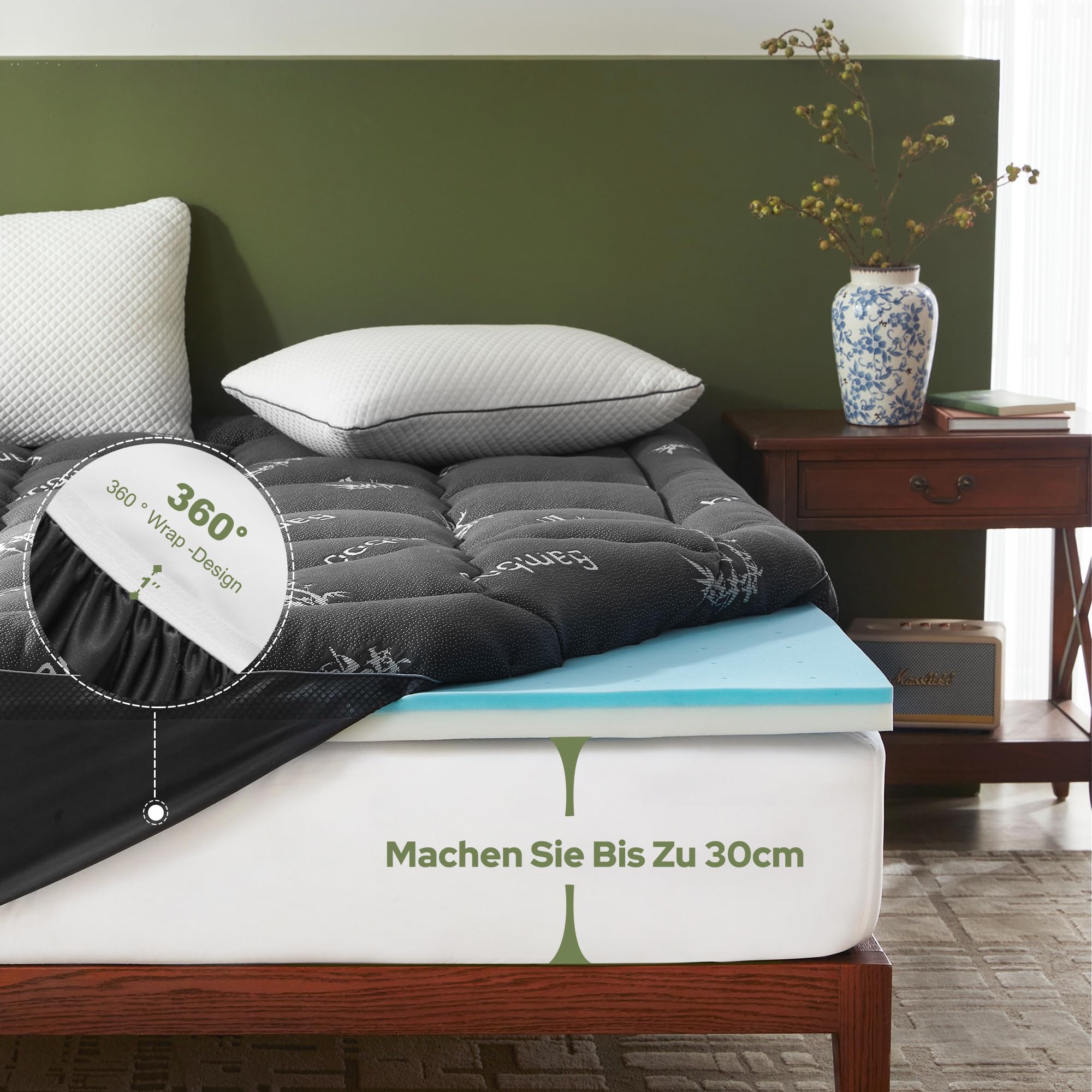 BEDLORE Matratzen Topper 140x200cm mit H2, Atmungsaktiv & Weich, Grau | Dual-Layer-Design, Schlafqualität Verbessern, 40 % Bambusfaser, 30cm Tiefe Taschen, OEKO-TEX, Waschbar 40–60°C