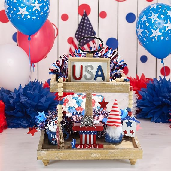 4th of July Decorations 6 Pcs Red White and Blue Tiered Tray Decor Set