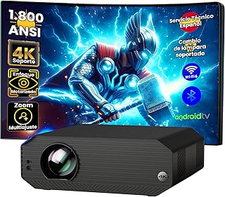 Projetor 4K, Unicview K5000, 1800 ANSI lúmenes, cinema em casa e apresentações, foco motorizado, keystone 4D, zoom digital, HDMI, USB-C, Jack 3,5, altifalantes de 10 W (AndroidTV)