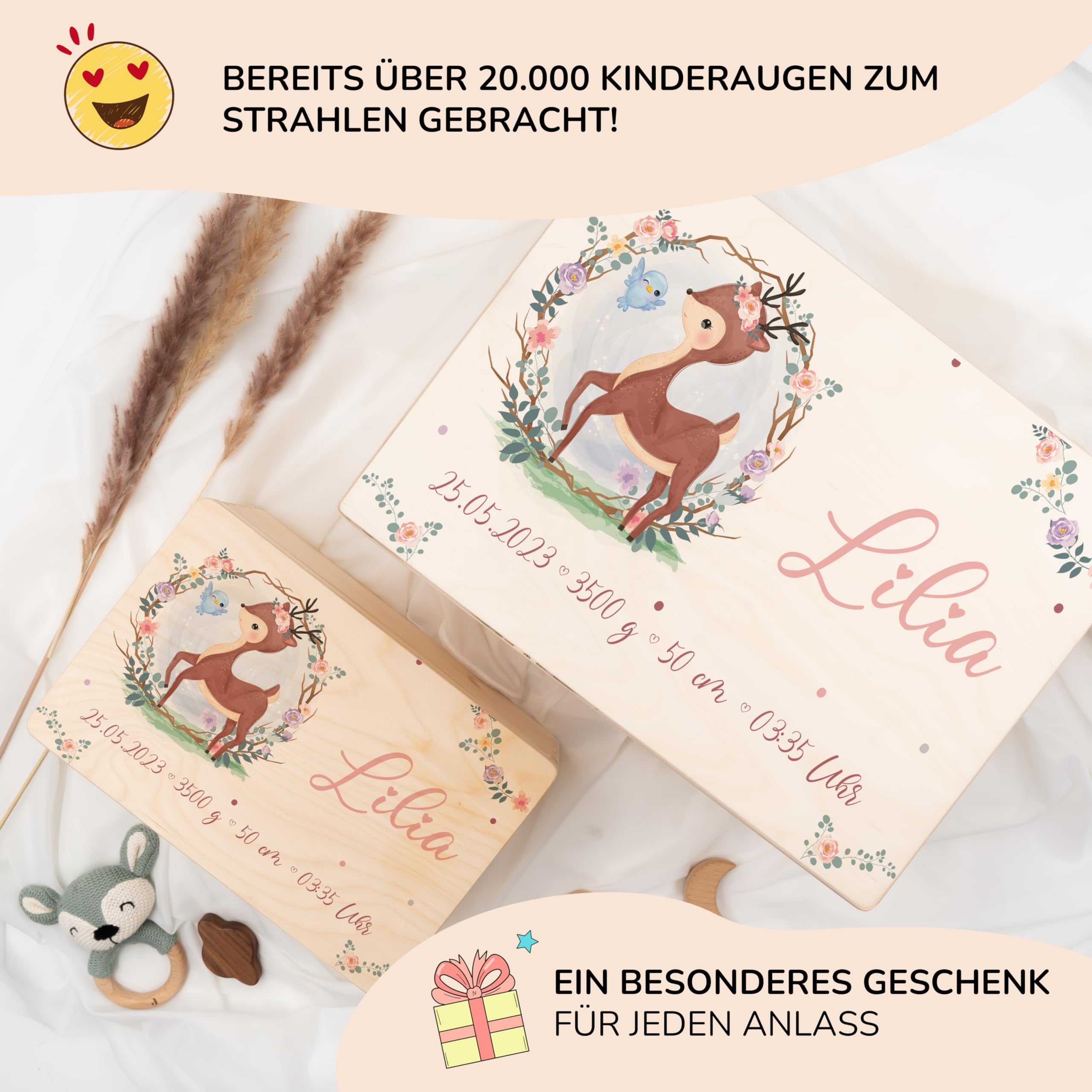 KIDSMOOD - Erinnerungsbox Baby, personalisierte Holzkiste mit Deckel, Ideal zur Aufbewahrung von Erinnerungen und als Geschenk zur Geburt, Taufe oder als Geburtstagsgeschenk für Mädchen und Jungen