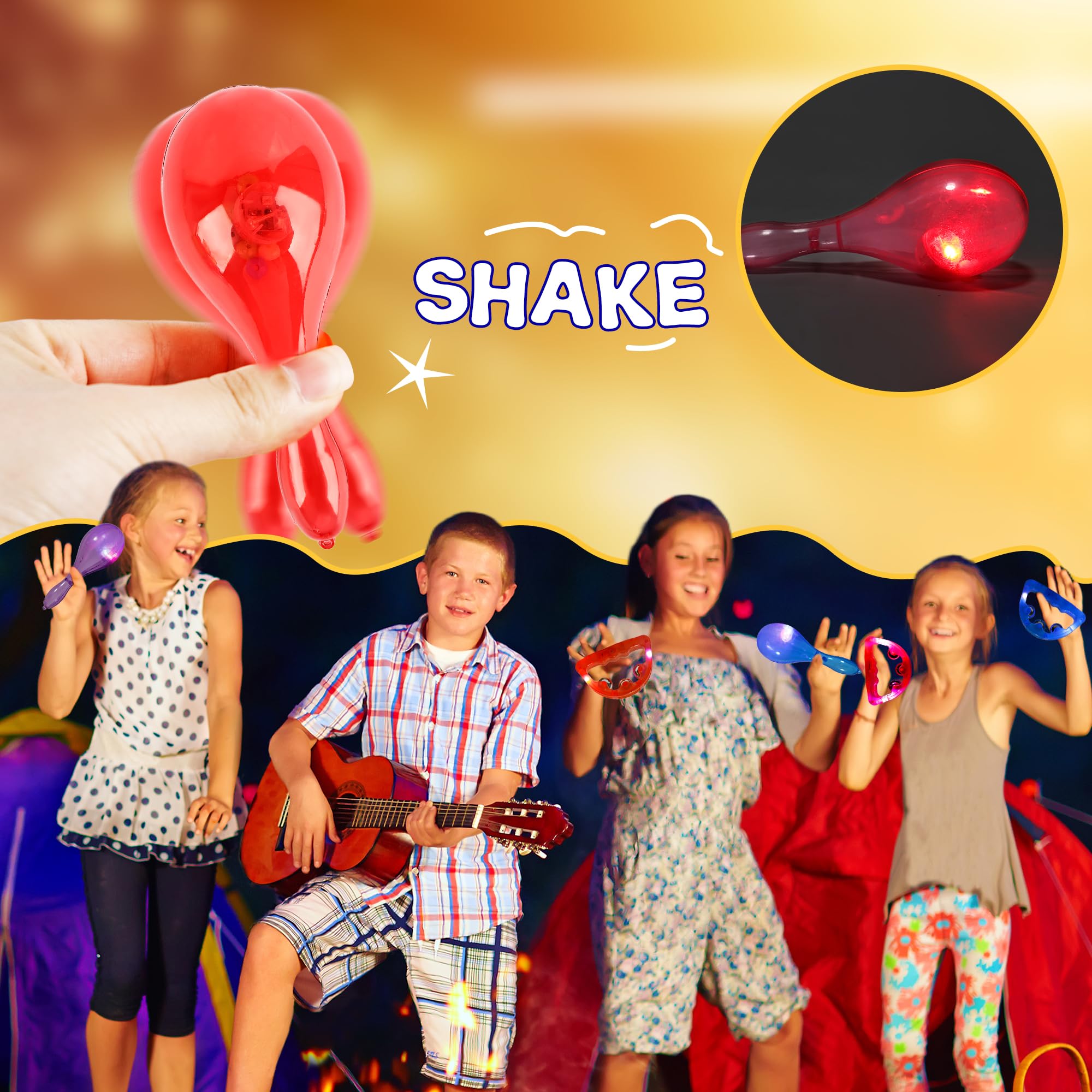 Confezione da 28 strumenti a percussione con luci a LED, include 18 tamburelli a LED con 10 mini maracas in plastica che si illuminano al buio per bomboniere di nozze strumento musicale