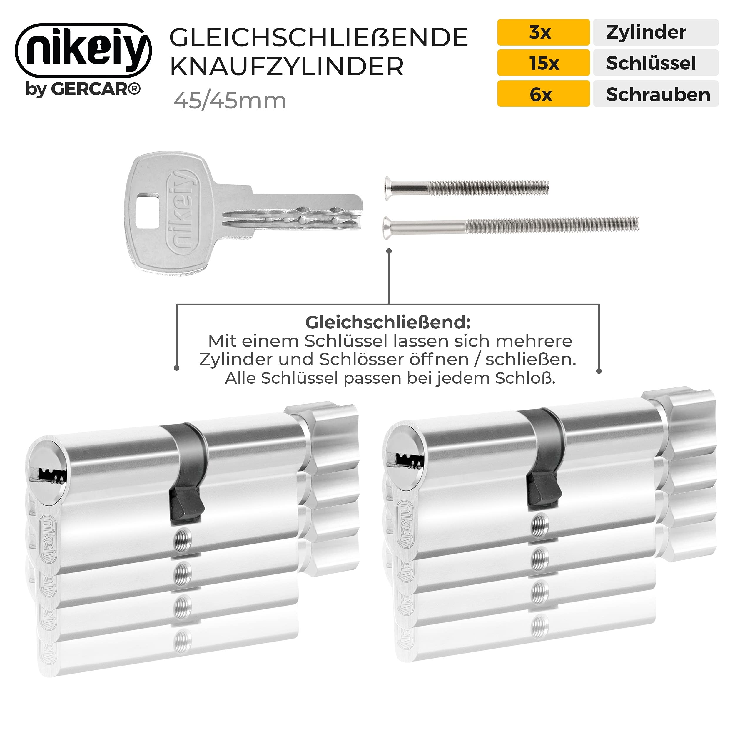 GERCAR Lot de 3 cylindres de serrure / serrure barillet avec bouton pour porte 45/45-90 mm - 3x serrure de porte/cylindre avec 15 clés - Longueur : 90 mm A : 45 B : 45