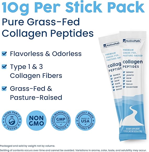 NativePath Collagen Peptides Stick Packs Hydrolyzed Type 1 & 3 Grass-Fed Collagen Protein for Hair, Skin, Nails & Joints Unflavored Travel Packets, Keto & Paleo, 30 Count