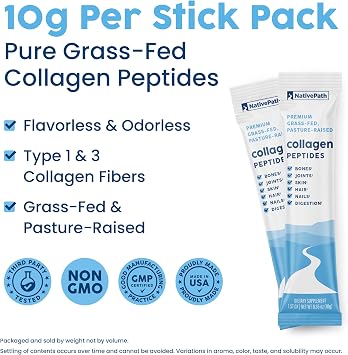 NativePath Collagen Peptides Stick Packs Hydrolyzed Type 1 & 3 Grass-Fed Collagen Protein for Hair, Skin, Nails & Joints Unflavored Travel Packets, Keto & Paleo, 30 Count