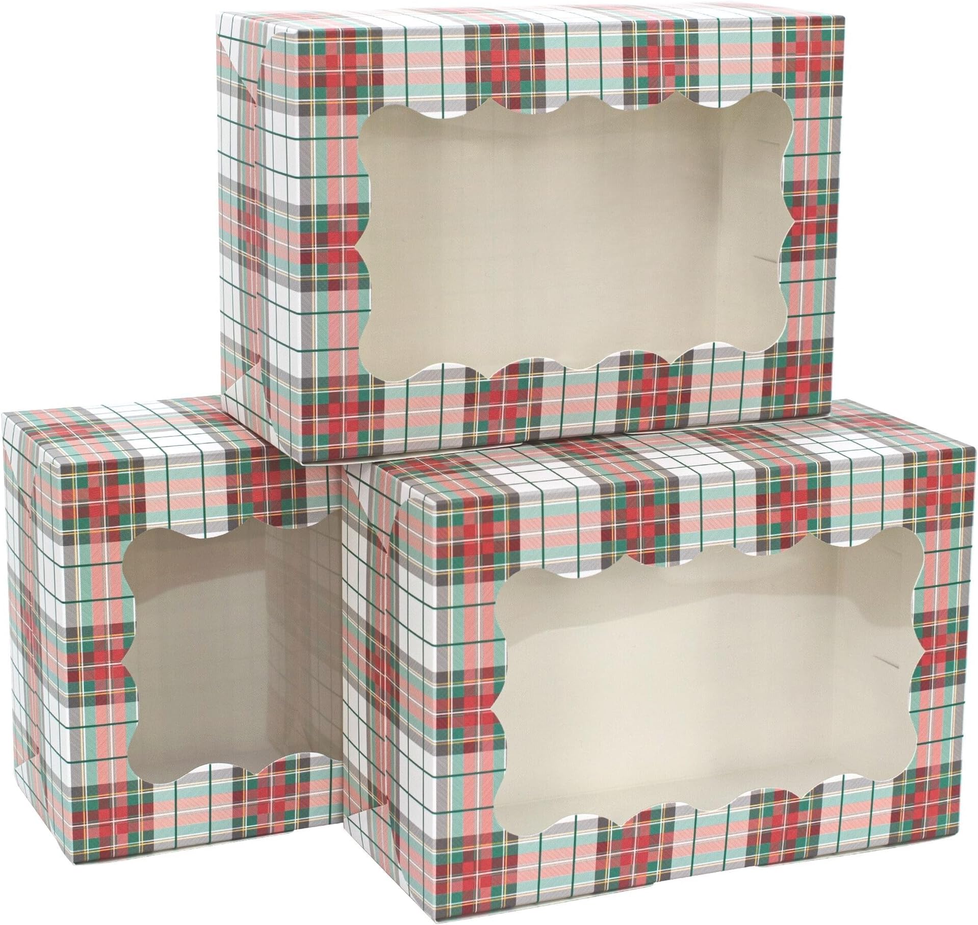 Christmas Cookie Boxes - 12 Pack - White & Red Tartan Plaid Bakery Gift Box with Window - Perfect for Pastries, Cupcakes, Macarons, Candy, & Treats - LG Size Easily Fits a Dozen Cookies - 12 pcs