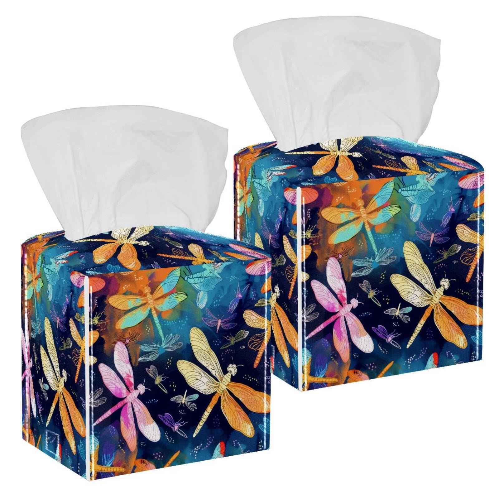 Dragonflies Tissue Box Cover, 2 Pack PU Leather Square Facial Tissue Dispenser Box holder for Home Office Car