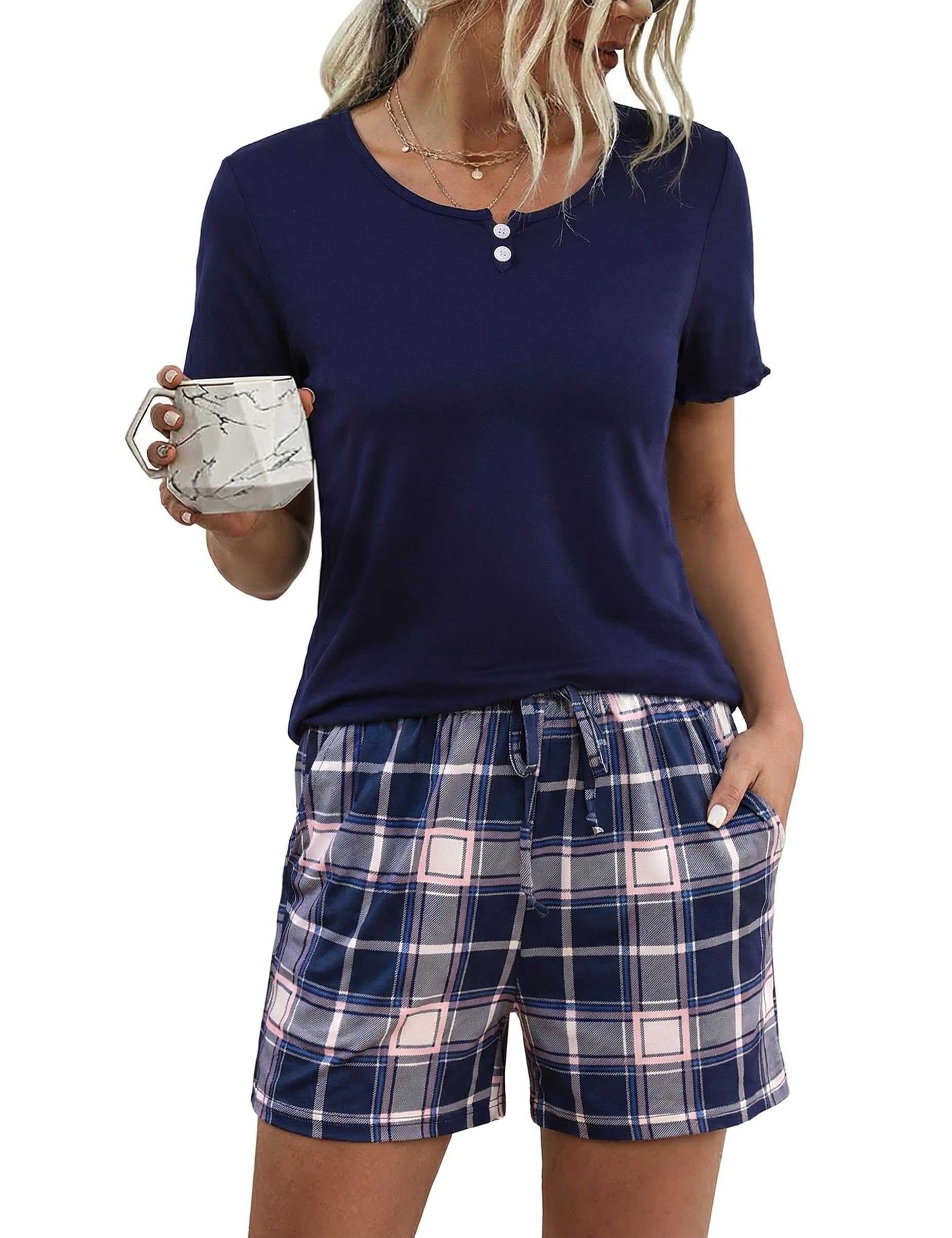 Aseniza Schlafanzug Damen Kurz Pyjama Baumwolle Set Sommer Hausanzug Kurzarm Zweiteilig mit Karierten SchlafhosenTaschen und Rundhalsausschnitt Nachtwäsche mit Dekorativen Knöpfen