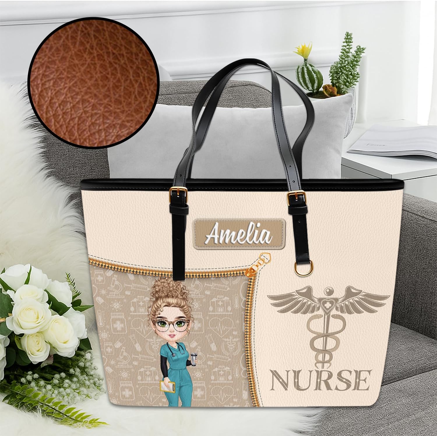 Personalized Nurse Appreciation Leather Tote Bag – Custom Name Nursing Life Handbag Gifts for CNA, RN - Image 4