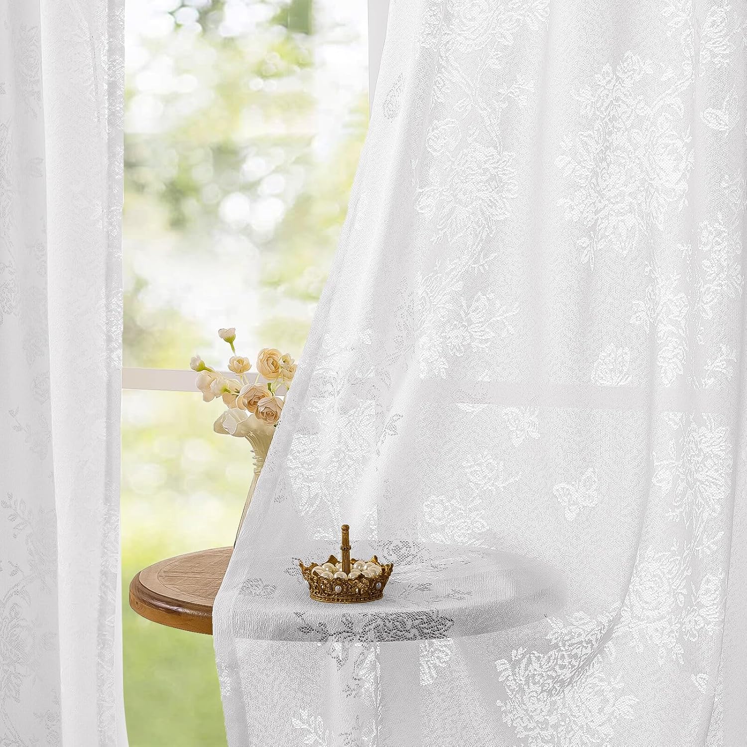 WUBODTI White Lace Semi Sheer Curtains for Living Room Bedroom, Rod Pocket Romantic Vintage Light Flitering Floral Butterfly Curtain Drapes for French Decor 72 Inches Long 2 Panels