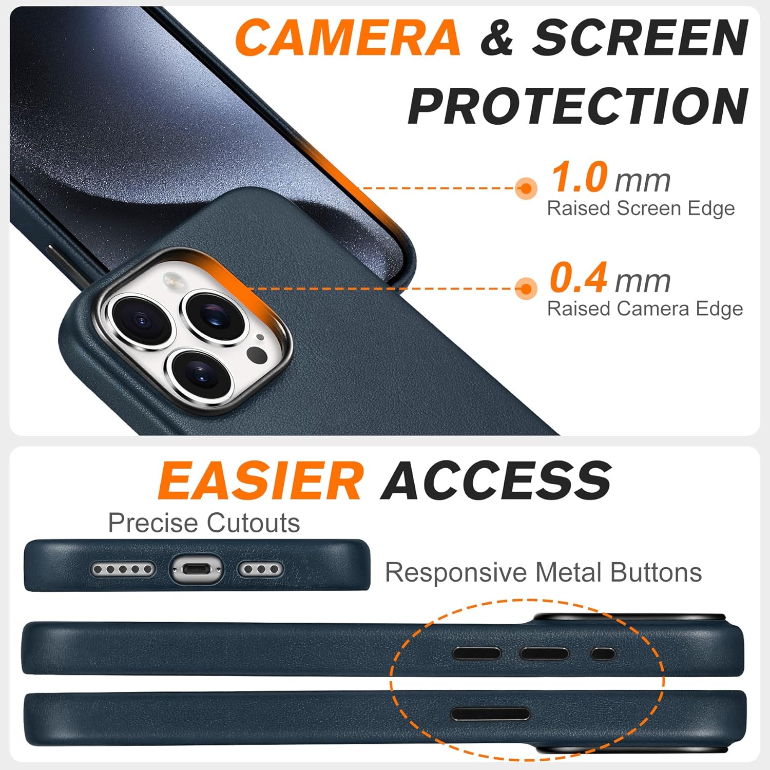 SHIELDON Case for iPhone 15 Pro 6.1", Genuine Leather - Magnetic Wireless Charging - Slim Fit - Non-Slip - Metal Button - Shock-Absorbent Protective Case Compatible with iPhone 15 Pro 2023 - Navy Blue - Image 7