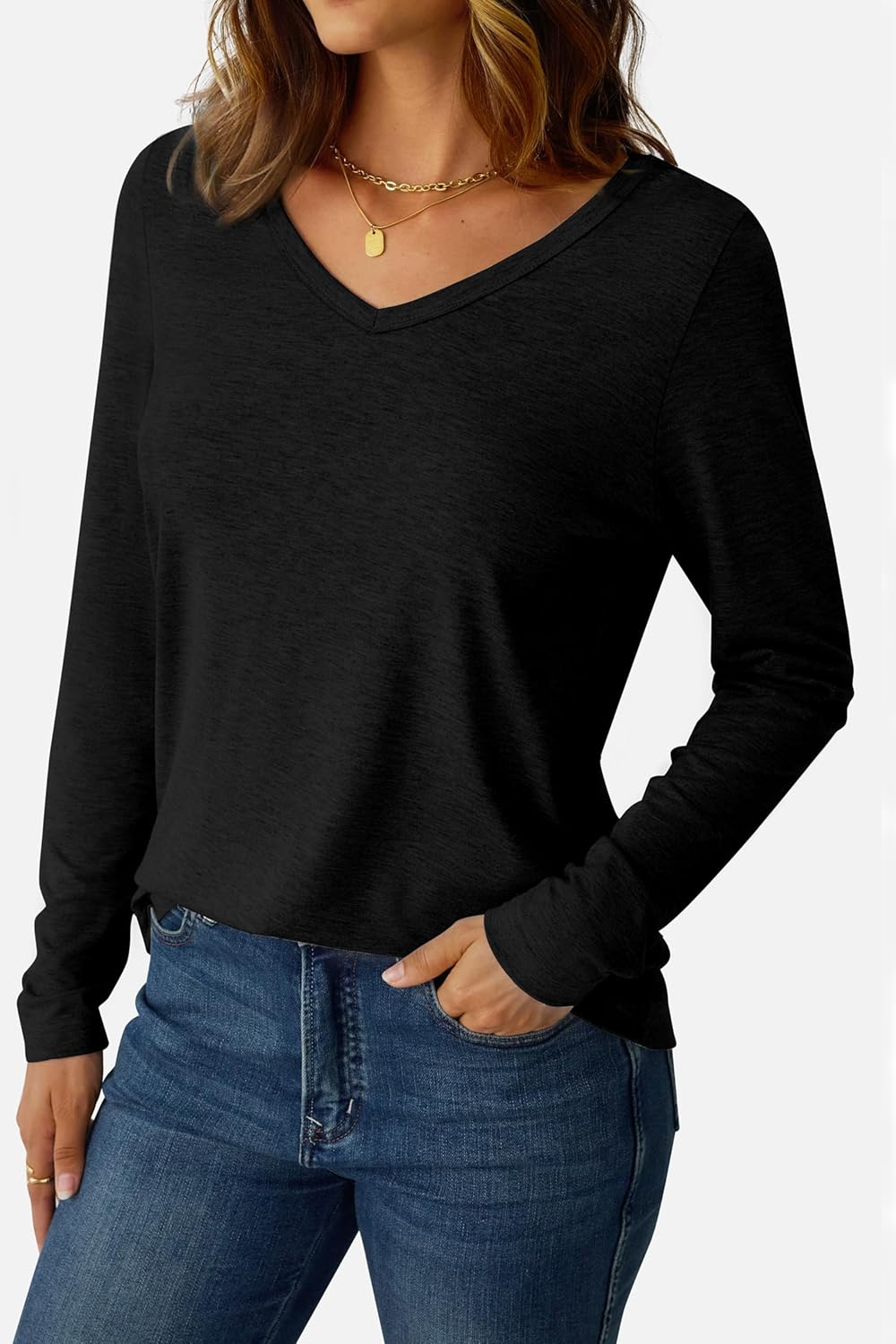 V Neck Long Sleeve Shirts for Women Soft Basic Tee Fall and Winter Casual Tops Trendy Everyday Wear - Image 2