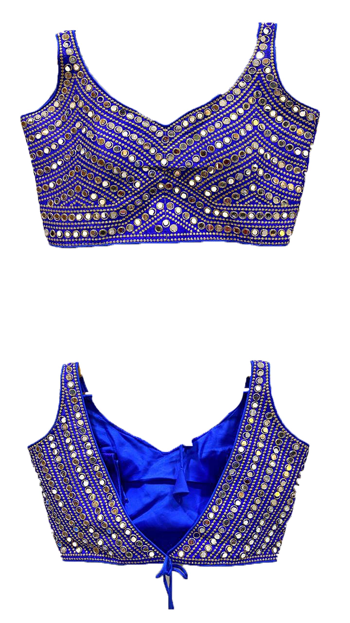 Vihu Fashion Women's Phantom Silk Embroidery Real Mirror Work Sleeveless Saree Readymade Blouse (V -Mirror Blouse_Royal Blue_38 Size)