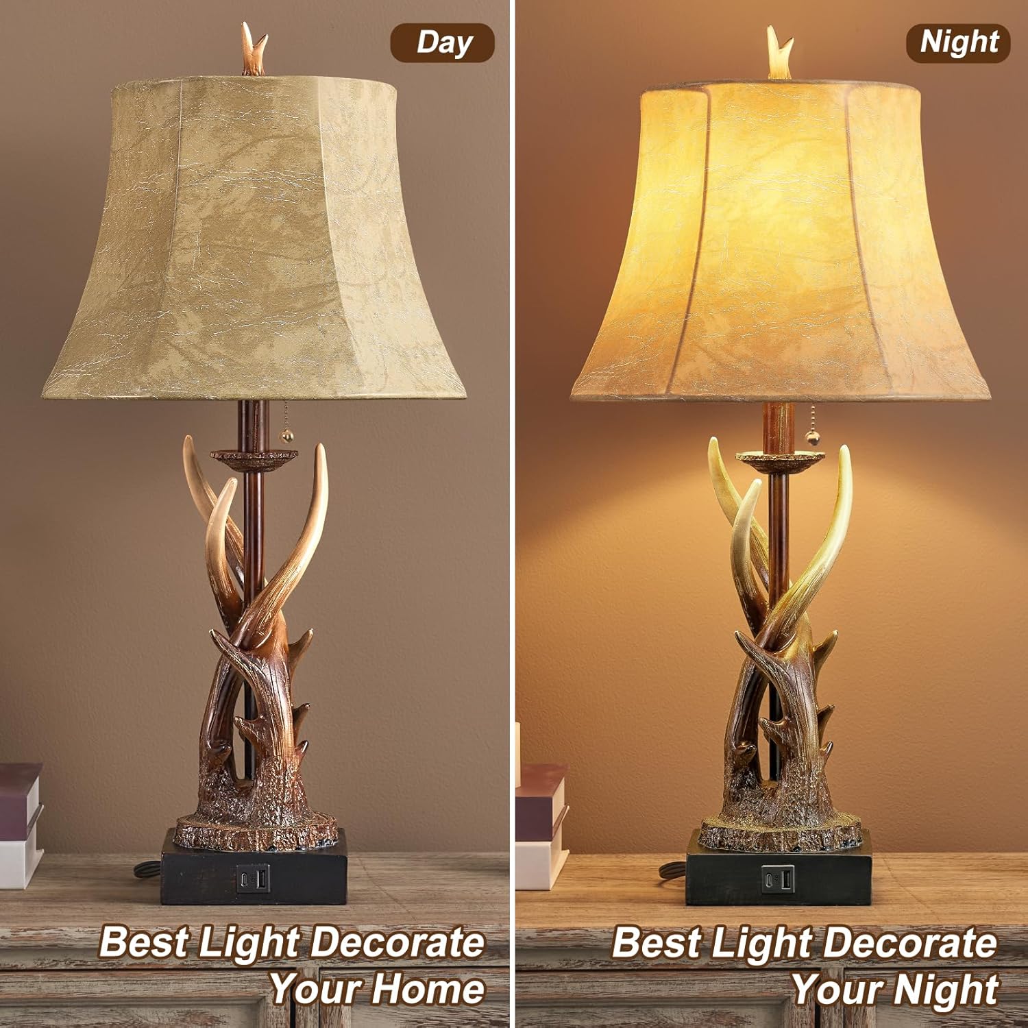 Antler Table Lamps Set of 2 with USB A+C Ports for Bedroom Farmhouse Deer Rustic Bedside Lamps with Faux Leather Bell Shade for Living Room End Table Hunting Themed Cabin Lamp Pull Chain