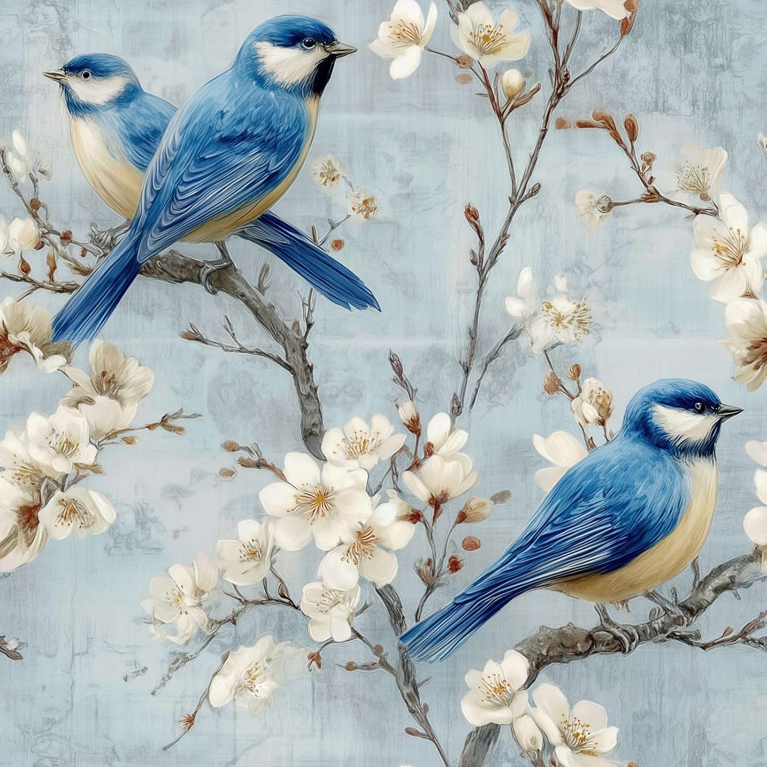 Peel and Stick Chinoiserie Blue Vintage Contact Paper Removable Tree Bird Floral Wallpaper 17.7" x 236.22" Wall Paper Self Adhesive Watercolor for Classroom Bedroom Laundry Room Bathroom