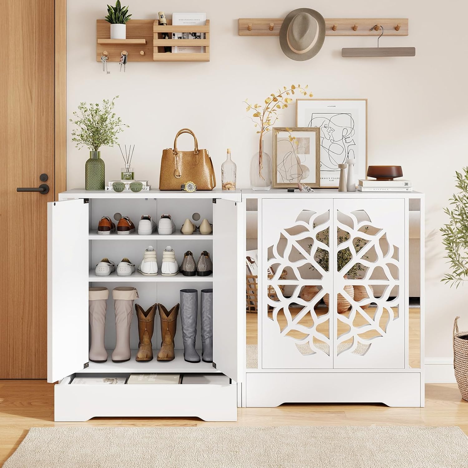 GOFLAME Shoe Storage Cabinet, 4-Tier Mirrored Shoe Cabinet with Doors and Bottom Drawer, Modern Elegant Shoe Storage Organizer for Entryway, Hallway, Living Room, Closet
