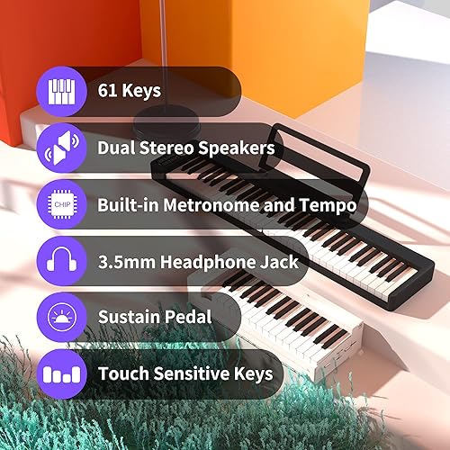Miniatura 4 de Finger Dance Teclado de 61 teclas con teclas iluminadas, piano plegable, teclas semipesadas, piano portátil, Bluetooth y MIDI, piano de teclado