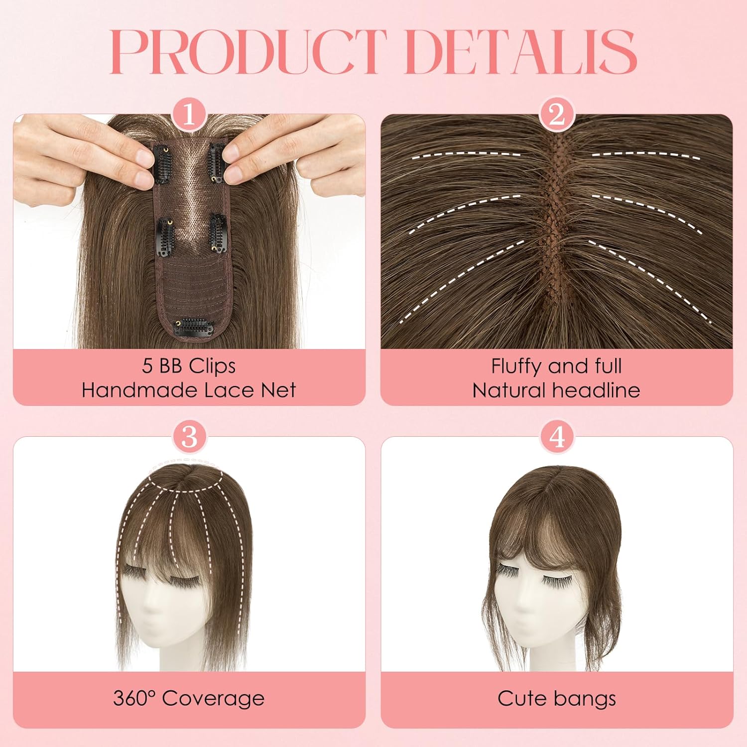 S-noilite Hair Toppers for Women with Bangs Real Human Hair 360° 3D Cover Clip in Bangs 2X6 Coverage Clip in Hairpiece for Women with Thinning Hairline 10Inch (Dark Brown)