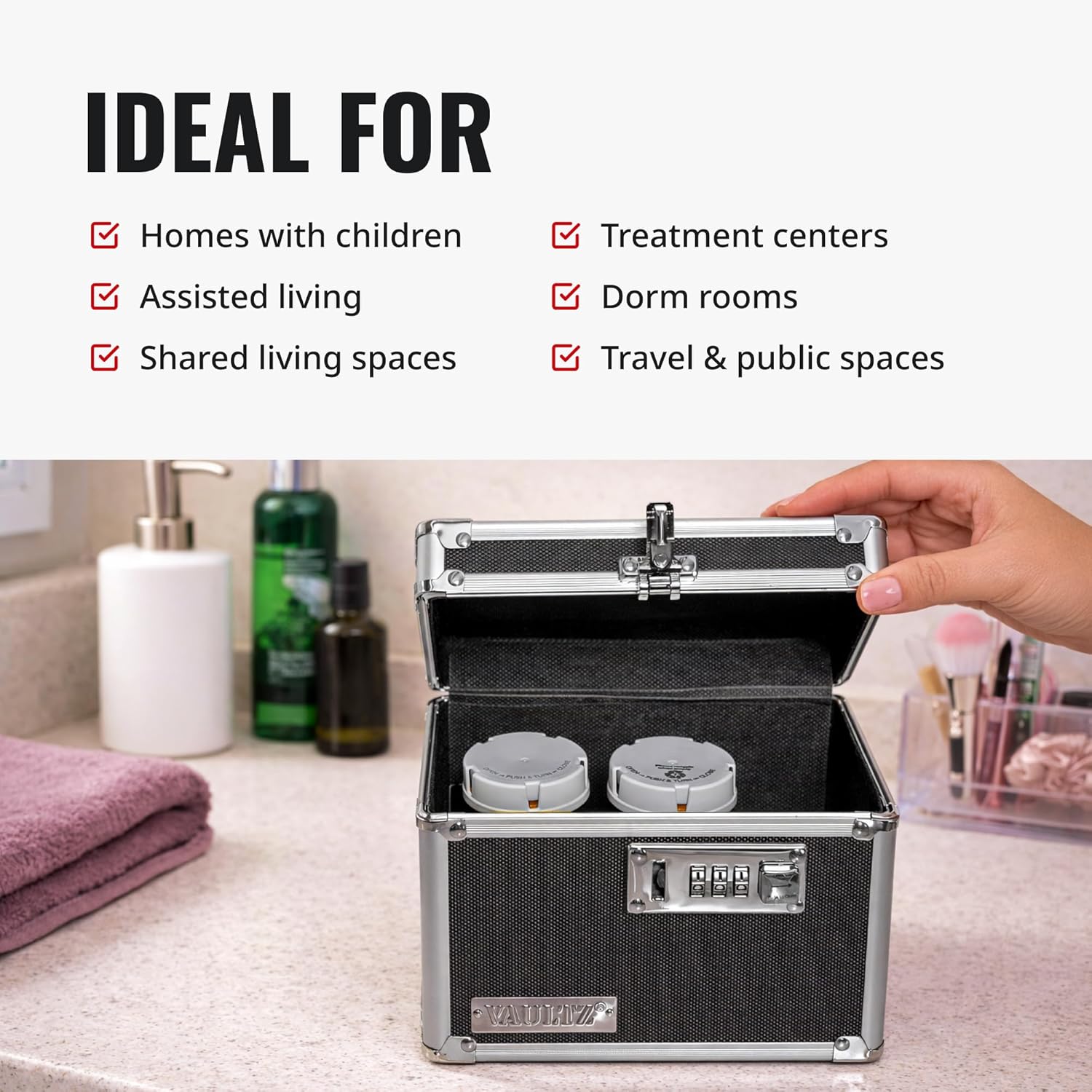 Vaultz Locking Medicine Box with Combination Lock - Secure Metal Lock Box Safe for Medication, Pills & Valuables, Small Lockbox with Code, Portable Storage Case, Black
