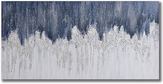 TRAIN2 ART Blue & Silver Canvas Wall Art, Hand Painted Abstract Oil Painting Wall Art on Canvas, Indigo Wall Picture Painting for Living Room Sofa Decoration (Navy Blue, 24X48inch)