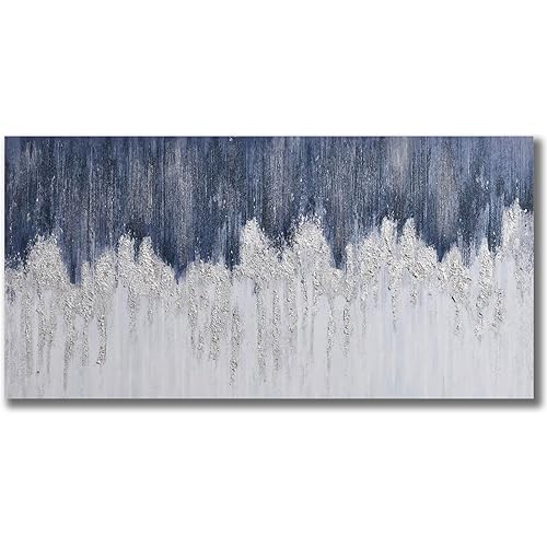 TRAIN2 ART Blue & Silver Canvas Wall Art, Hand Painted Abstract Oil Painting Wall Art on Canvas, Indigo Wall Picture Painting for Living Room Sofa Decoration (Navy Blue, 24X48inch)