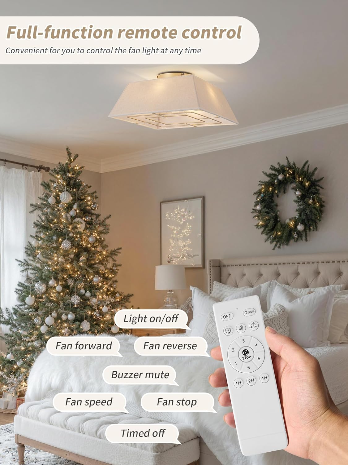 18" Square Flush Mount Ceiling Fans with Lights, Caged Boho Ceiling Fan with Light Remote Control, Low Profile 6 Speeds for Bedroom, Living Room, Kitchen (Yellow)