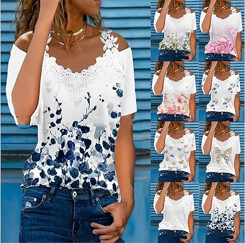 Miniatura 3 de Women's Butterfly Print Embroidered Cold Shoulder Shirts Casual Summer Short Sleeve V Neck Floral Loose Tops