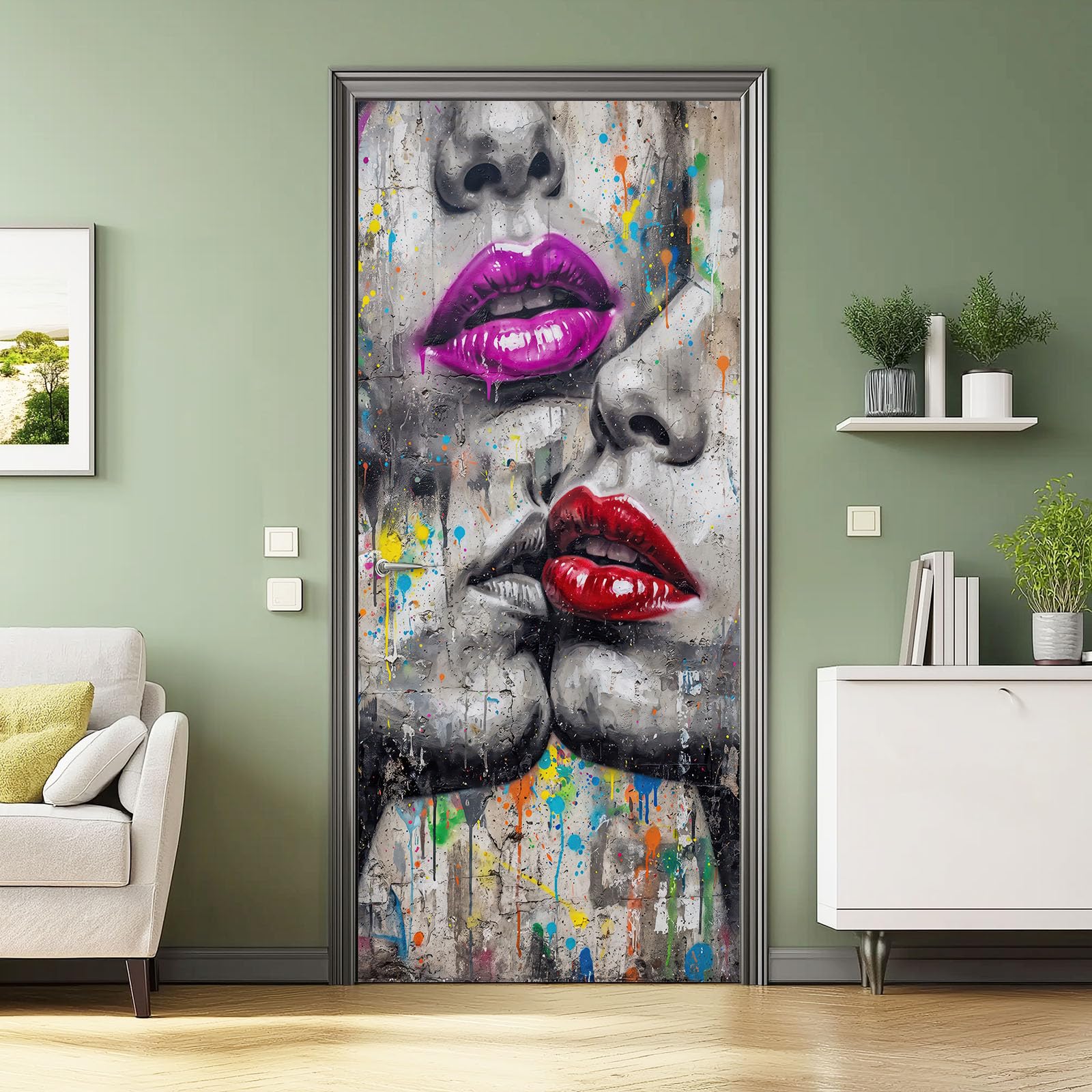 Papel pintado autoadhesivo para puerta de graffiti, 90 x 200 cm, 3D para salón, baño, gris, resistente al agua, póster para puerta, película americana, calle americana, labios brillantes, pintura en