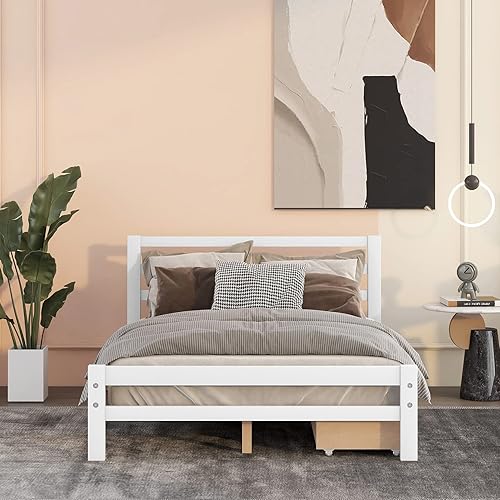 Miniatura 3 de Cama matrimonial con cajones, plataforma de madera con cabecero y estribo, cama capitán blanca de madera para niños, niñas, niños, adolescentes y