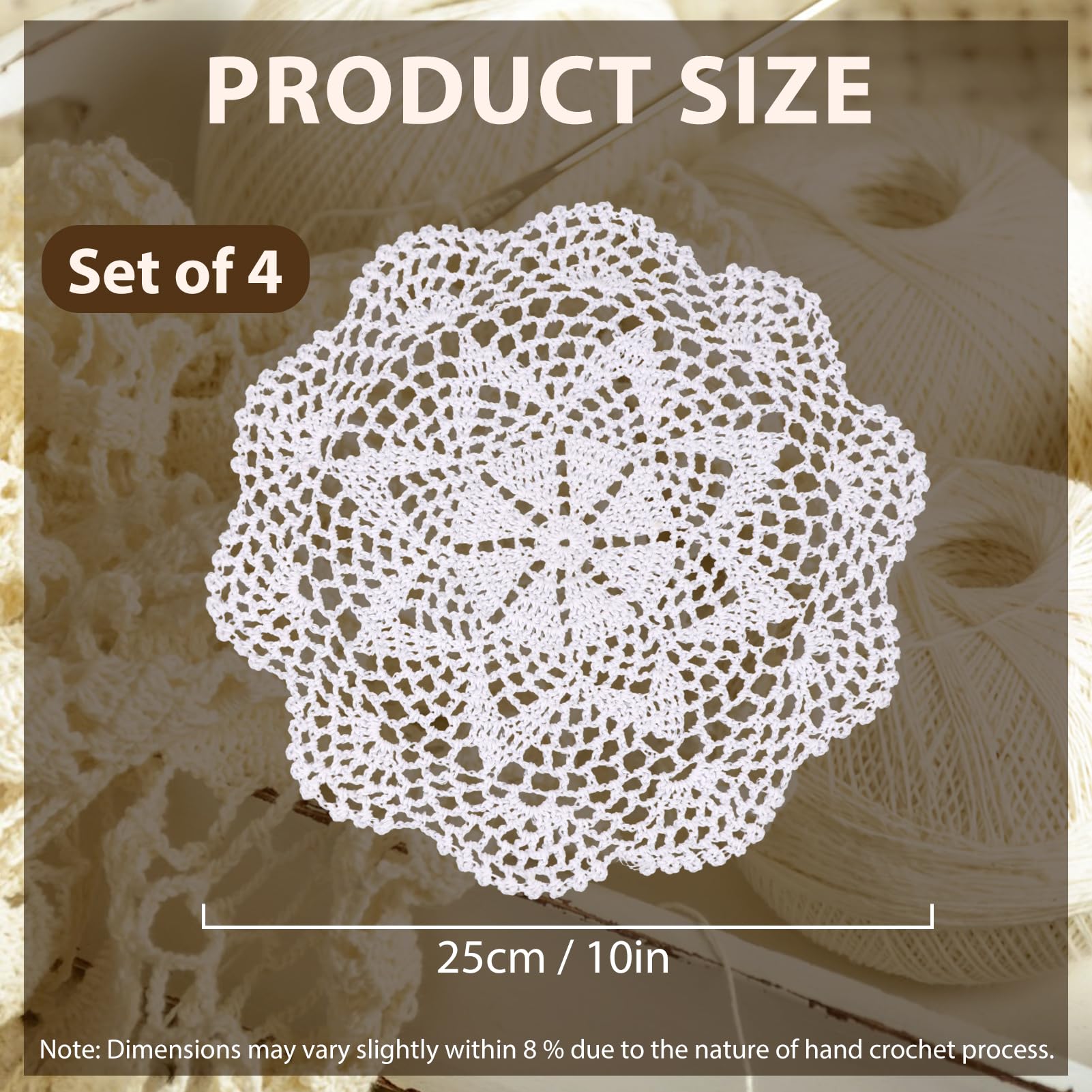 kilofly Crochet Cotton Lace Table Placemats Doilies Value Pack, 4pc, Roma, White, 10 inch