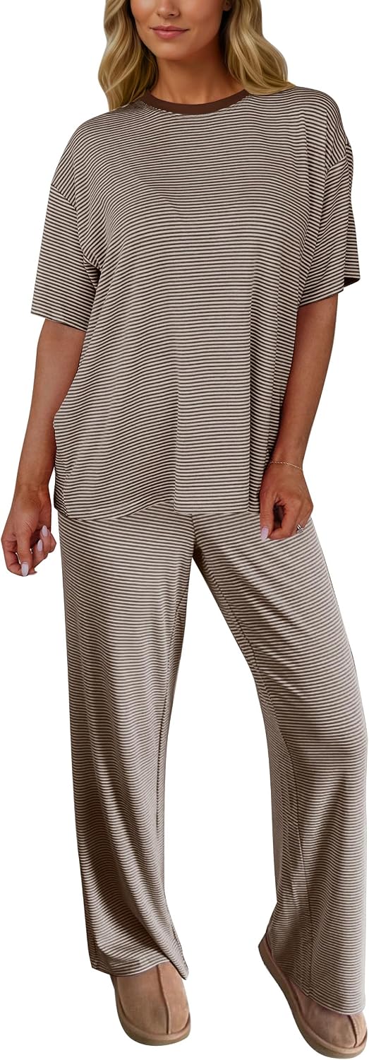 Meladyan Women's Striped 2 Piece Lounge Set Oversized Short Sleeve Crewneck T-Shirts Wide Leg Pants Summer Pajama Sets