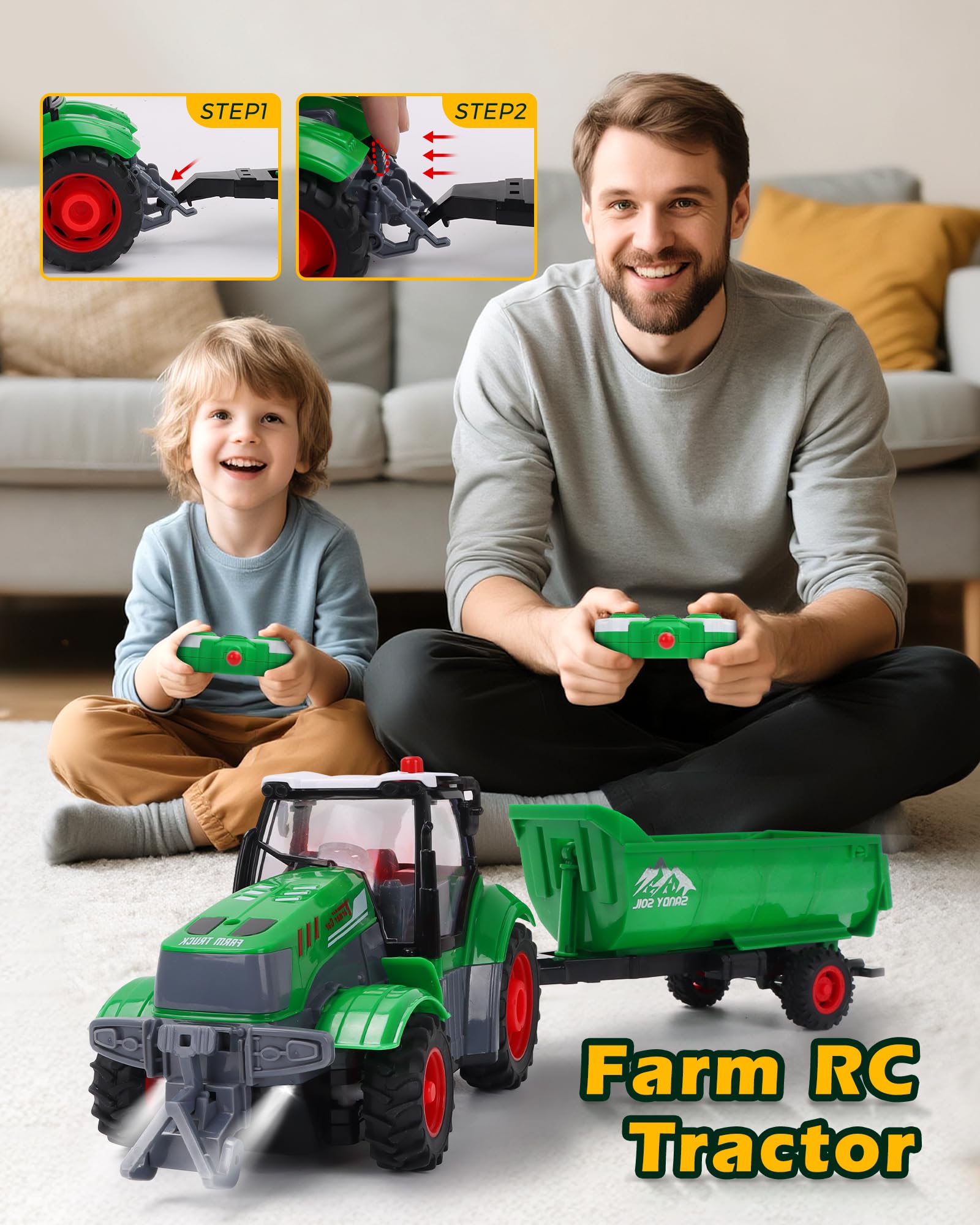 Tractor de control remoto, escala 1/24 con remolque volquete, juguete de vehículo agrícola RC recargable con luz y sonido para niños, regalo ideal de cumpleaños de Navidad para niños y niñas 3