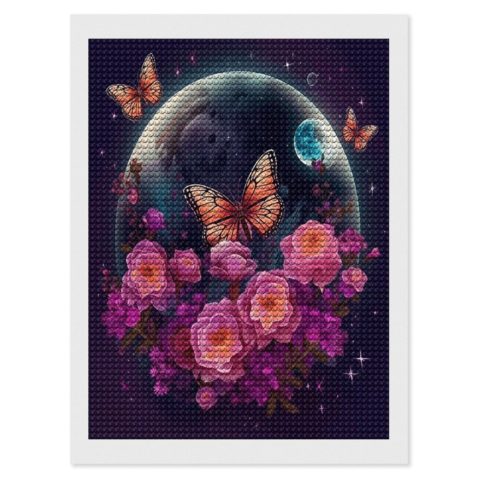 Moon Flowers and Butterflies Diamond Art Kits for Adult Round Full Drill Diamond Dots Paintings for Beginner Picture Art DIY Diamond Painting Kits 5D Diamond Art Painting for Home Wall Decor 12"x16"
