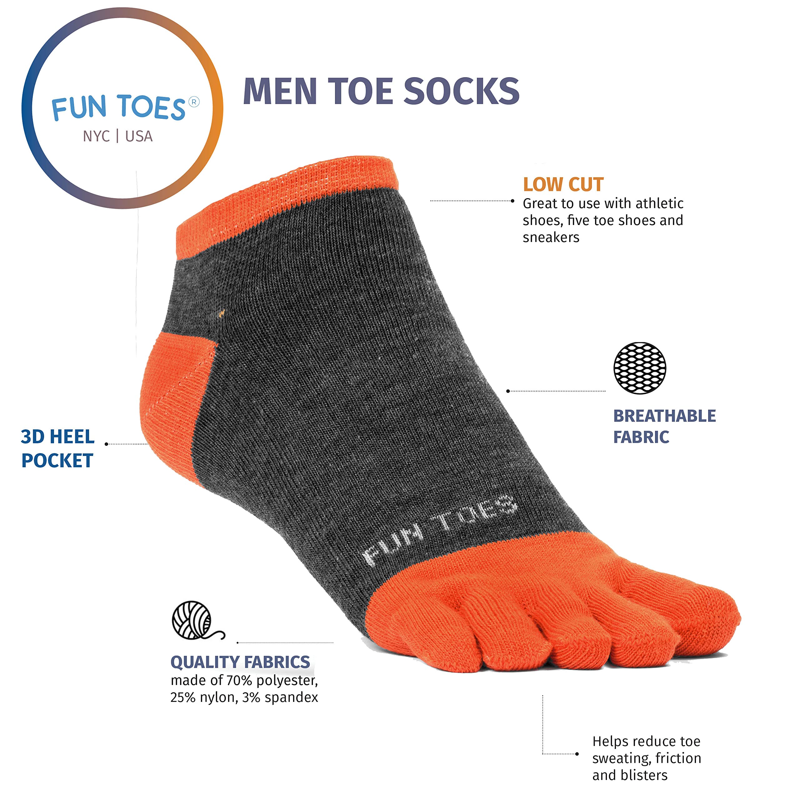 FUN TOES Lot de 6 paires de chaussettes de course pieds nus pour homme