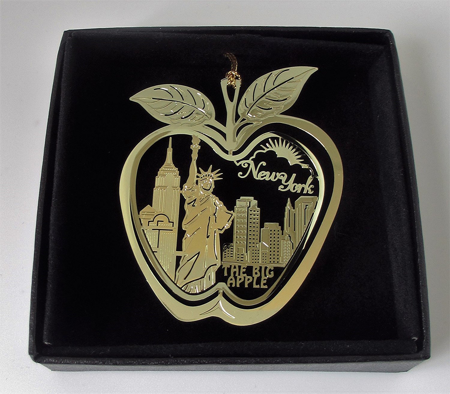 I Love My State New York City Brass Ornament Big Apple Statue of Liberty Black Leatherette Gift Box