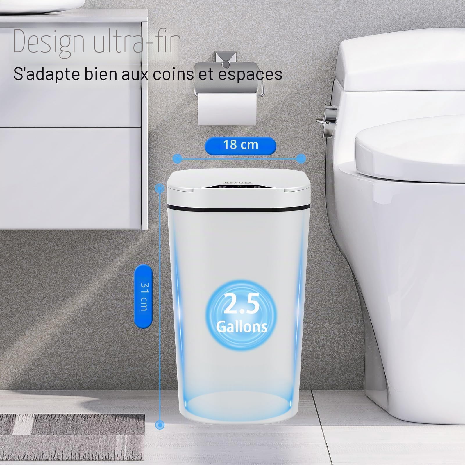 Lot de 2 petites poubelles automatiques de salle de bain avec couvercle – Poubelle électrique sans contact de 9 litres, poubelle intelligente à détecteur de mouvement, poubelle fine en plastique