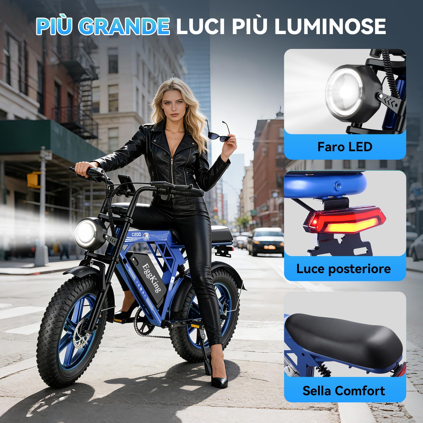 EGGKING Bicicletta Elettrica 20" x 4" Fat Tire, Autonomia 60-80 Km, Doppia Sospensione e 7 Velocità, E-Bike per Adulti, Batteria Rimovibile 48V 17.5 Ah, Display e Controllo APP