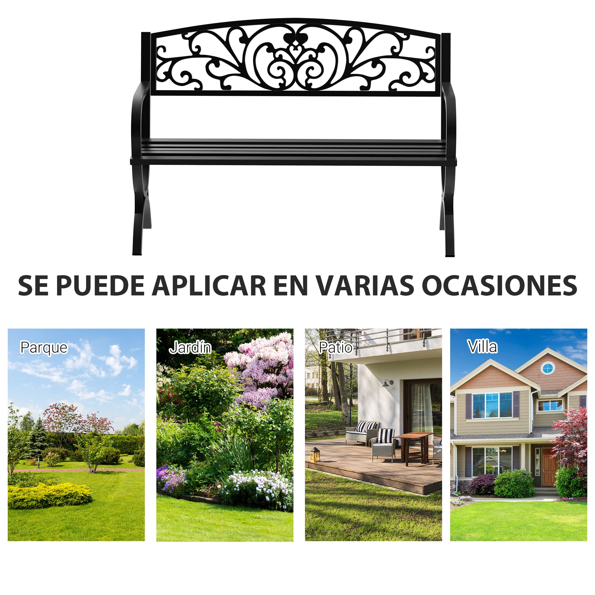 Outsunny Banco de Jardín de 2 Plazas Banco de Terraza de Hierro con Diseño Clásico Patrón Floral Carga 240 kg 127x60x85cm Negro