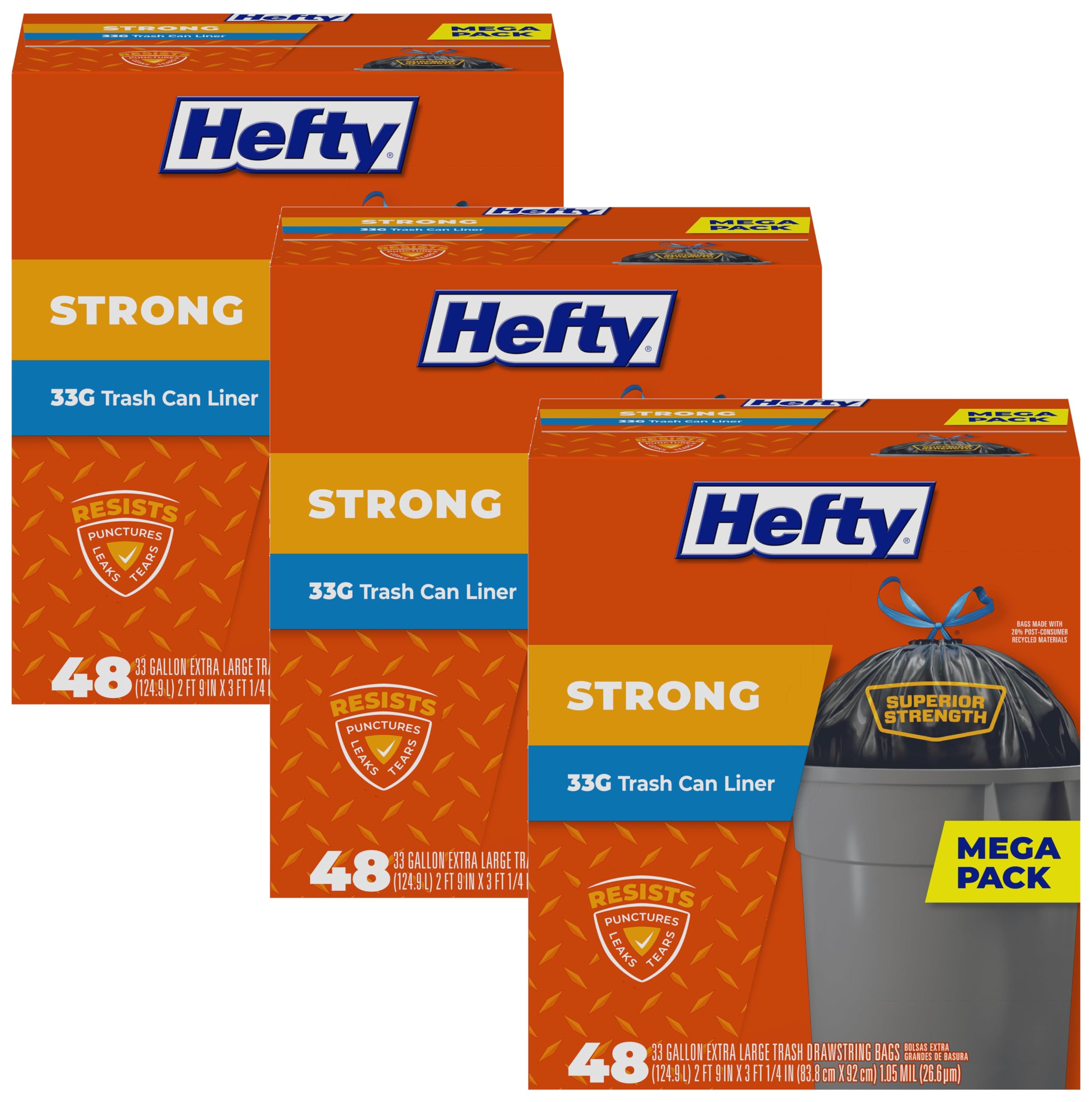 Hefty Strong Extra Large Trash Bags,Black,33 Gallon,48 Count (Pack of 3)