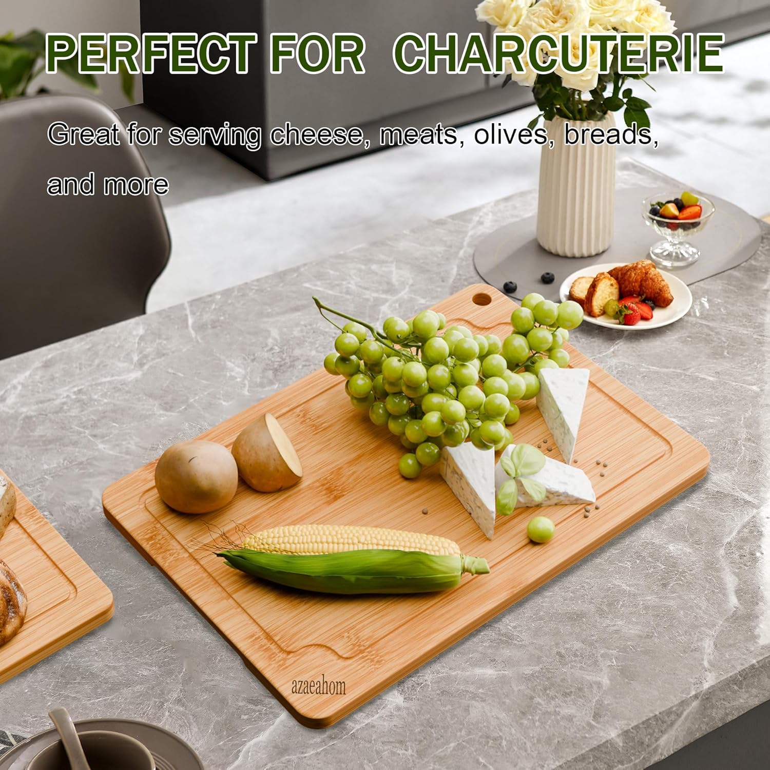 Bamboo Cutting Boards for Kitchen, 2-Piece Wood Cutting Board Set with Juice Grooves & Built-in Handles, Easy Storage & Clean Chopping Board for Meat, Vegetables, Fruit