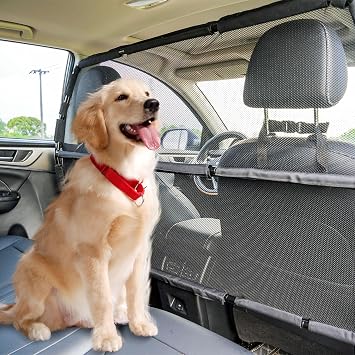 Dog Car Barrier Escape-Proof, 56" Wide Divider for 2nd 3rd Row Seats & Cargo Area, Durable Back Seat Gate Trunk Barrier with See Through Net Mesh for Trucks, Large SUV & Full Sized Vehicles