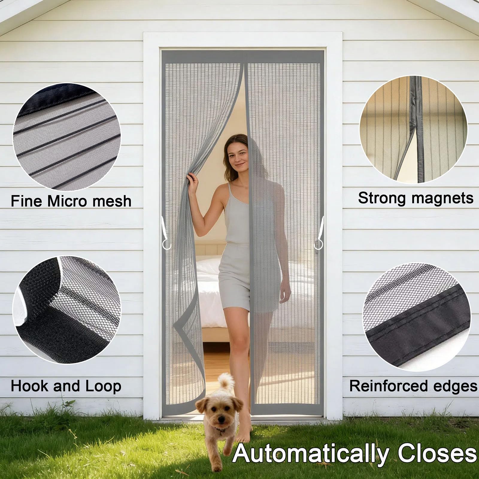 Fliegengitter Tür Magnet 340 x 180 cm Lichtdurchlässig Reißfest Wetterfest Langlebig aus Polyester Magnet Insektenschutz Balkontür für Wohnzimmer Schiebetür, Grau