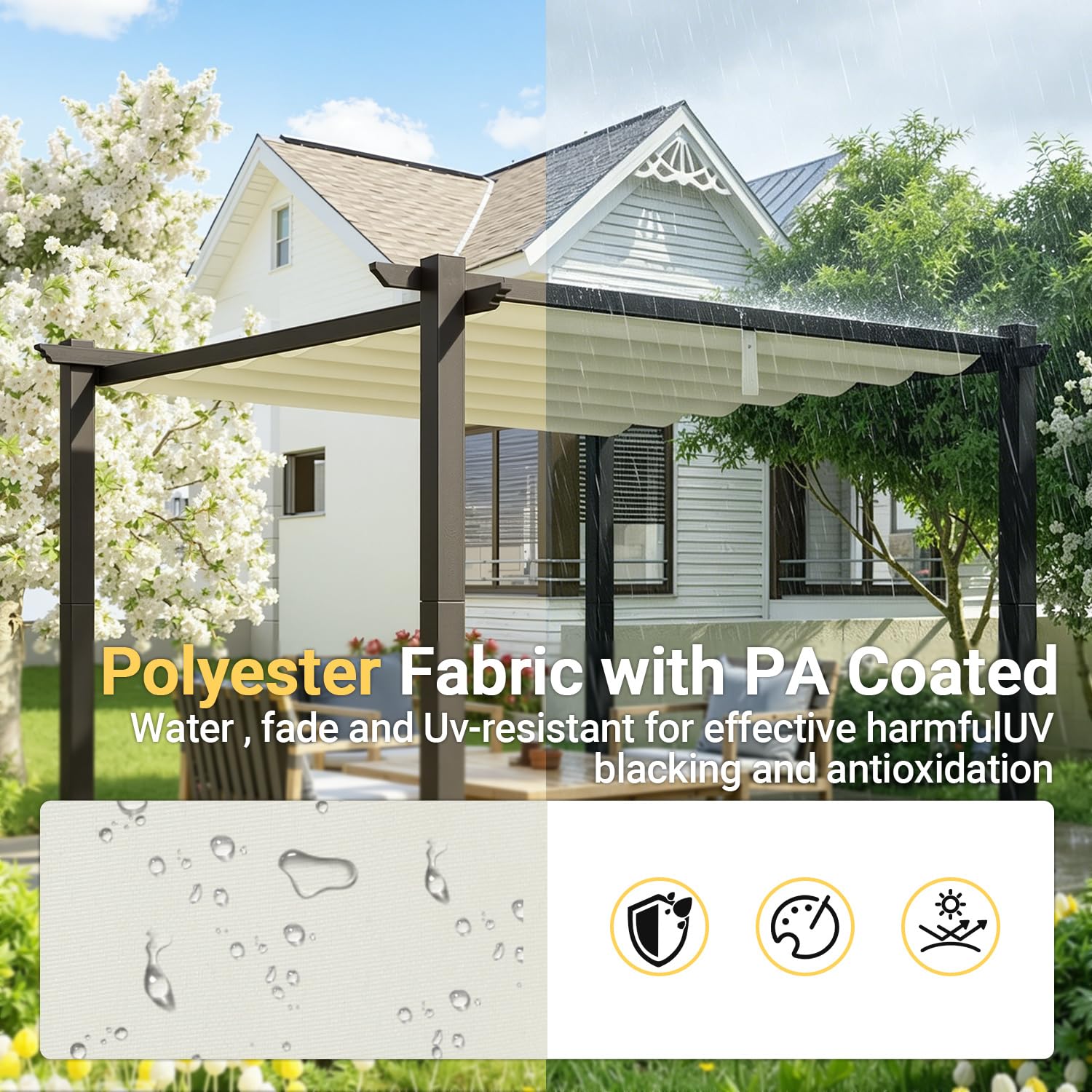 Ersatzdach für 3.65 x 4.85 m Pergola,wasserabweisend einziehbar Welle Überdachung,UV-Schutz 50+, NUR Schattenabdeckung 350 x 423 cm,Wetterfest,Sonnenschutz für pergola,Garten,Cremeweiß