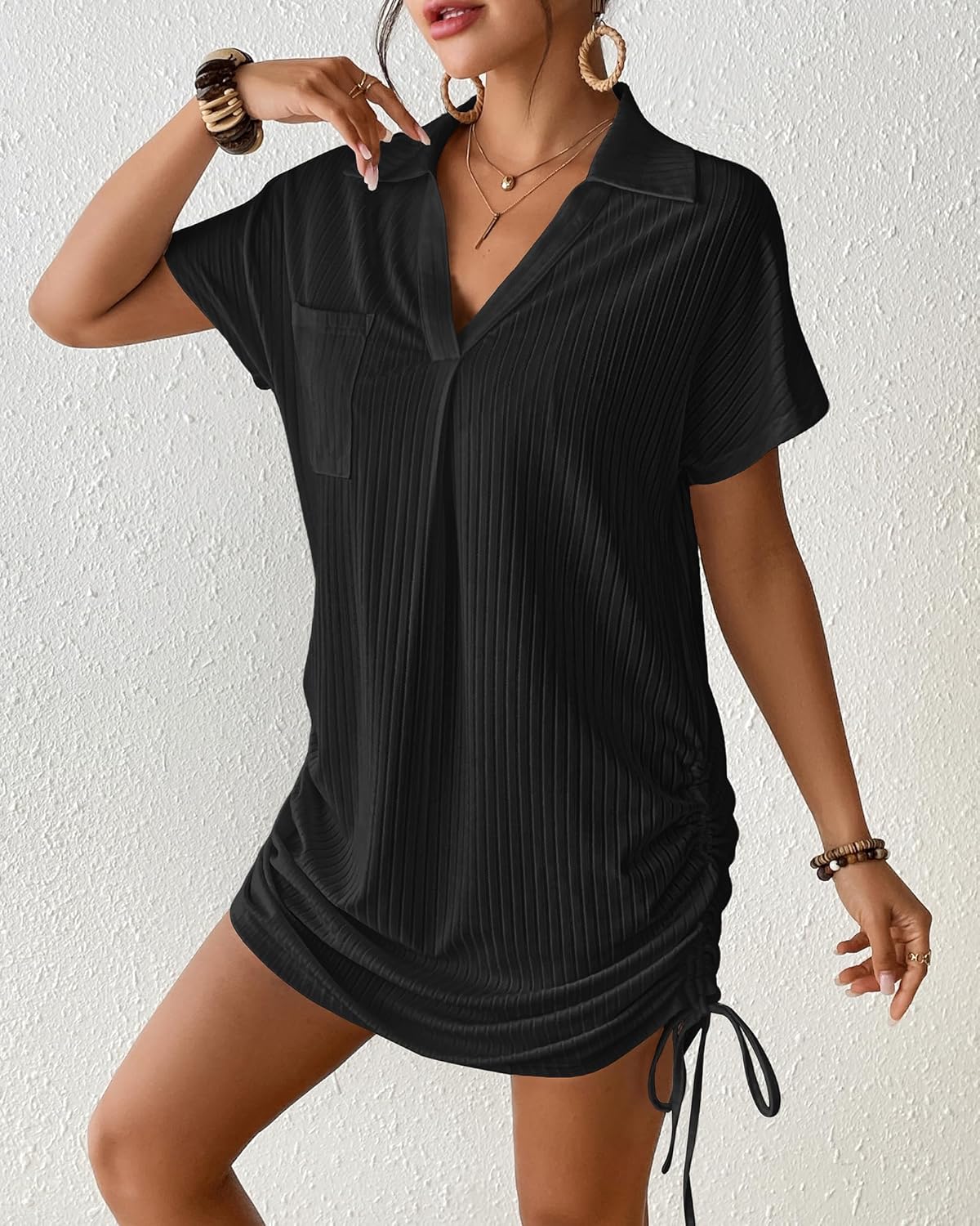 Bsubseach Swimsuit Coverup for Women V Neck Bathing Suit Cover Up Short Sleeve Bikini Dress Shirt with Pockets - Image 4